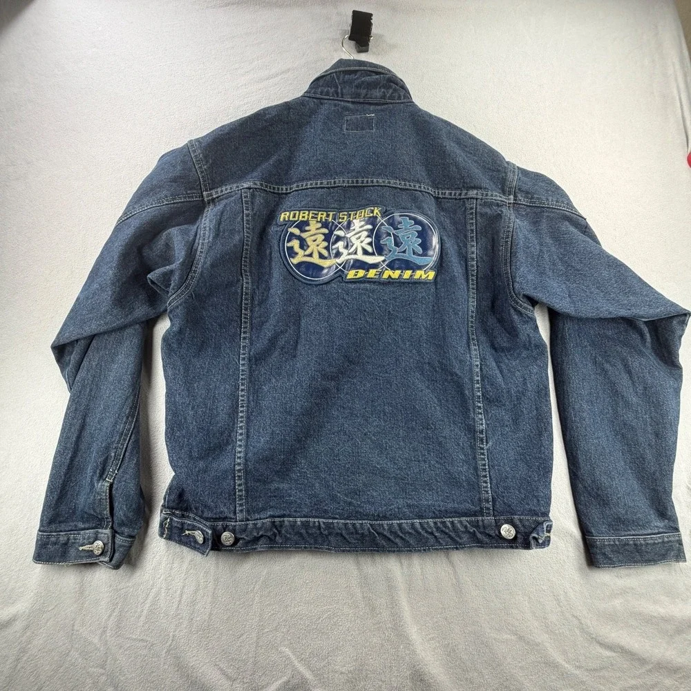 Vintage Robert Stock Denim Jacket Mens XL Blue Leather Patch Back Trucker